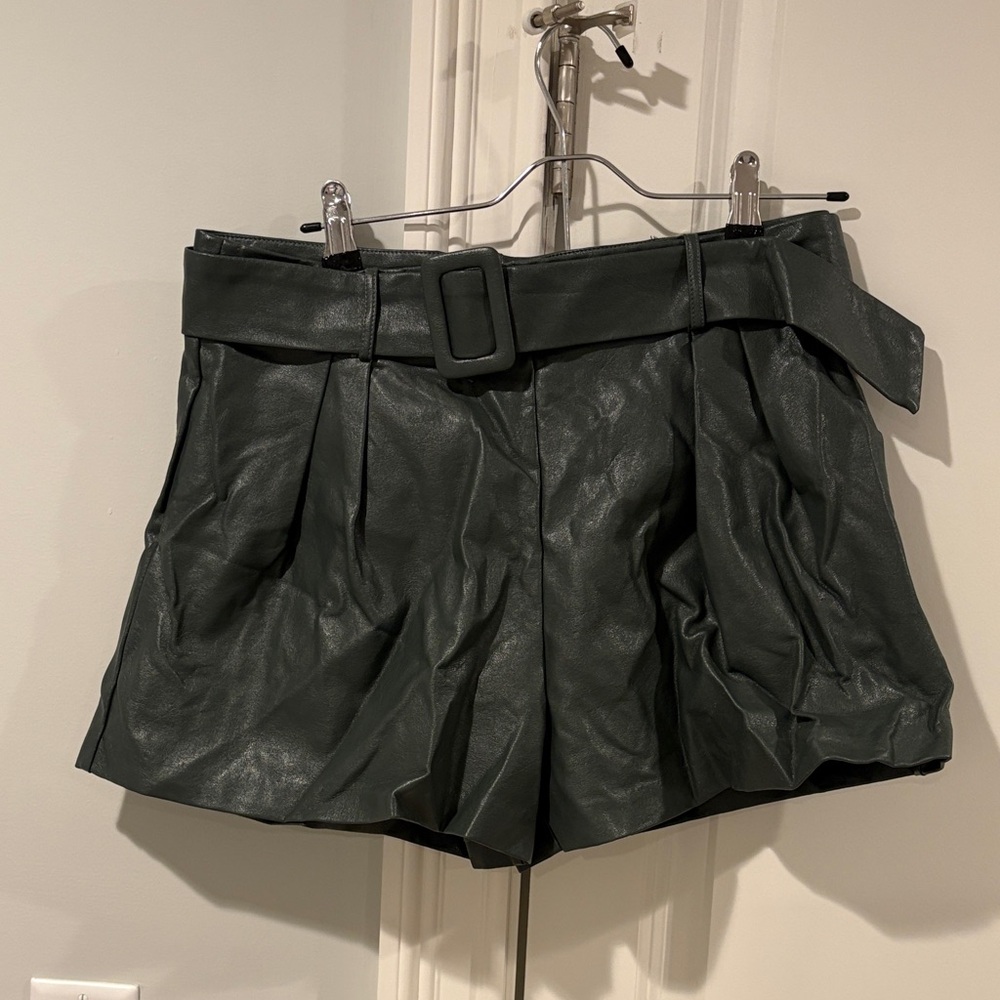 Women's Dark Green Leather Shorts